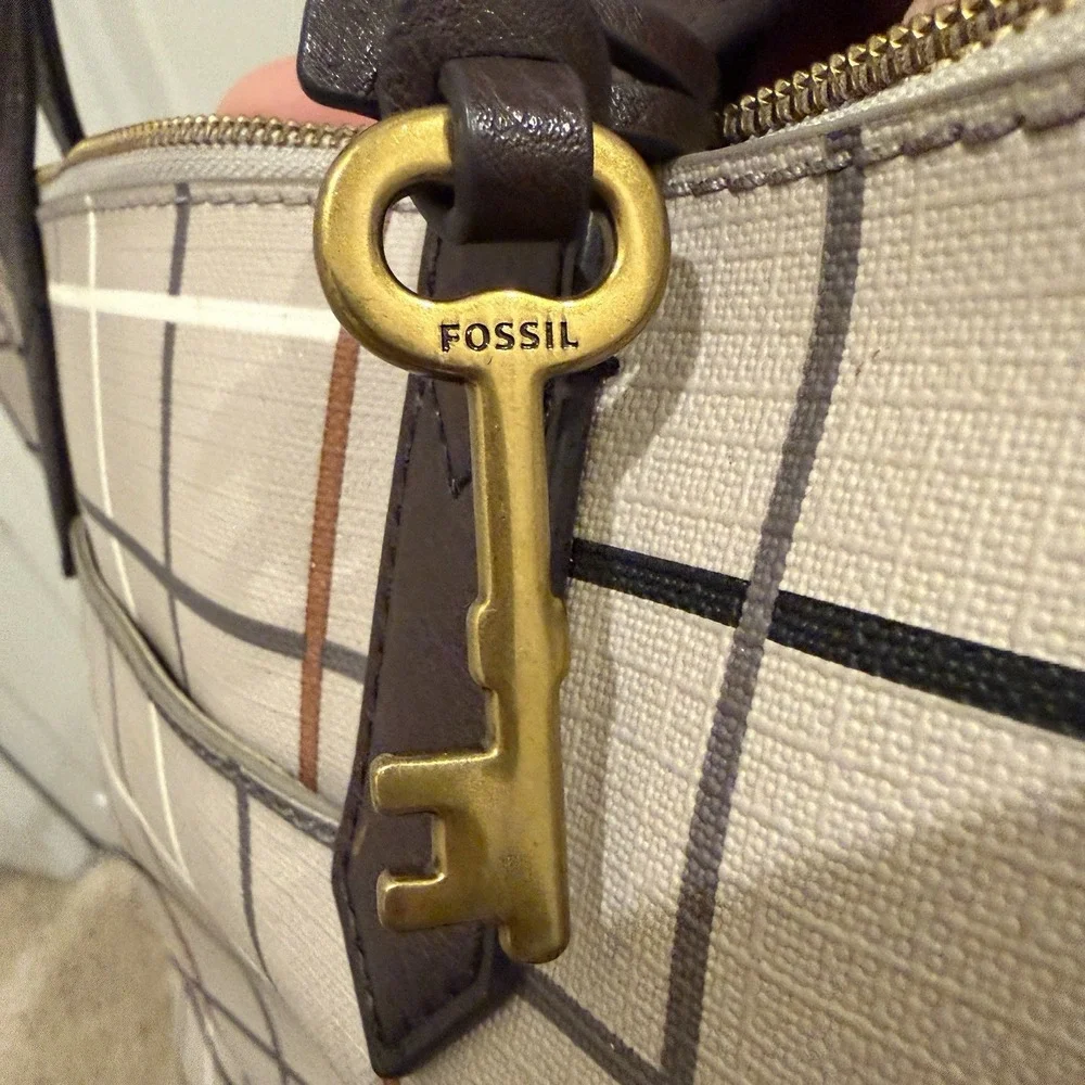 Fossil Sydney Large Tote Bag Gray Black Brown Plaid Windowpane PVC 17x12x4 - Picture 12 of 12
